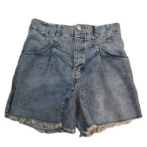 Free people high waisted pleated denim cut off blue jean shorts.